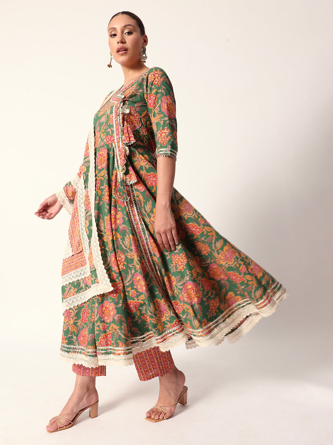 Graceful green cotton floral printed angrakha fit kurta set with dupatta