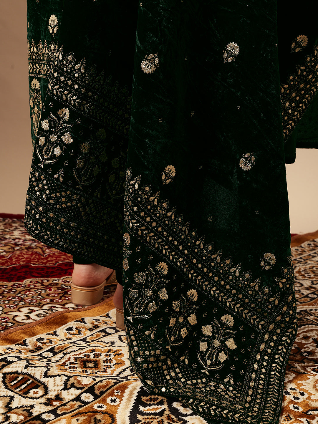 Rich Dark Green Velvet Gold Print Straight Kurta sets with dupatta