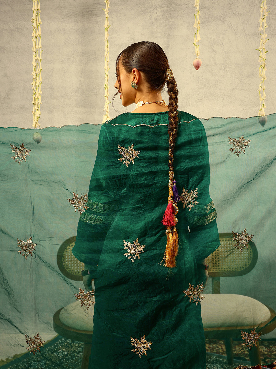 Green Cording & Zari Embroidered  Festive Kurta with Trouser & Embellished Organza Dupatta