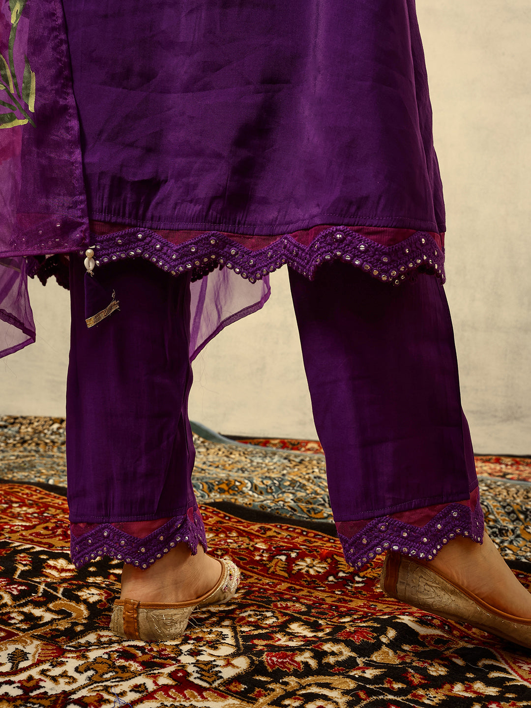Ishin Purple Mirror & Thread Embroidered  Festive Kurta with Trouser & Hand Painted Dupatta