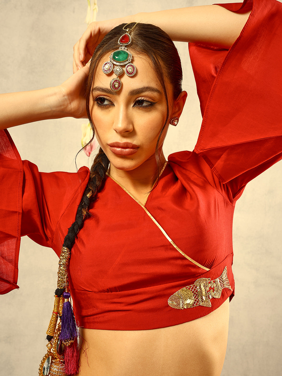 Maroon Zari Embroidered  Festive Tie Up CropTop with Layered Palazzo