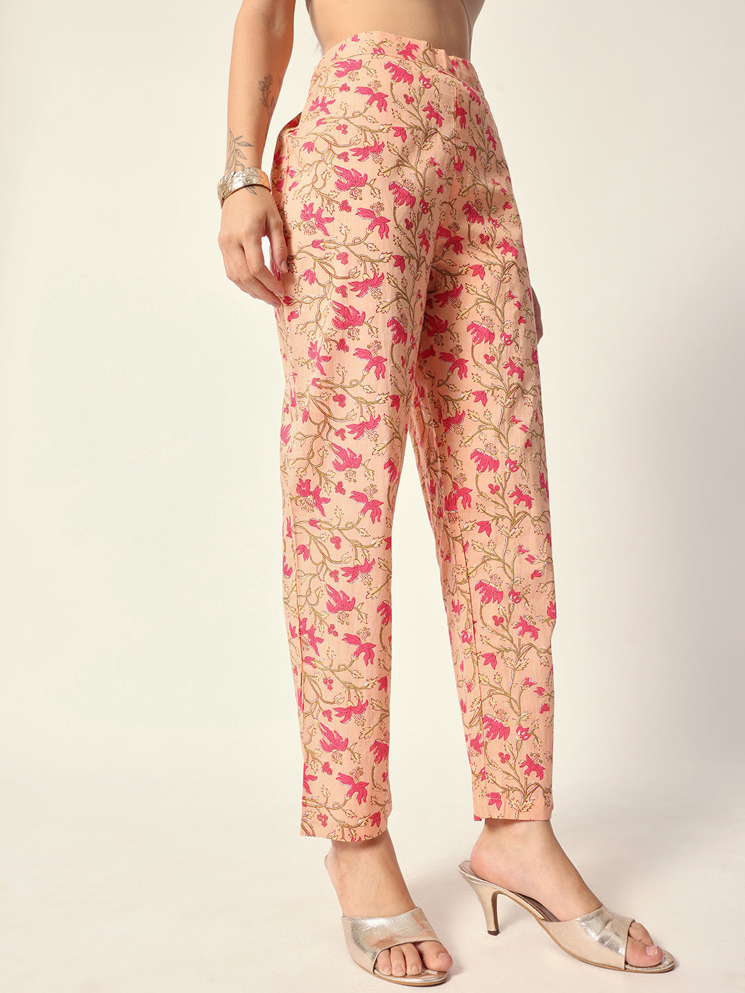 Graceful Peach cotton floral printed angrakha fit kurta set with dupatta
