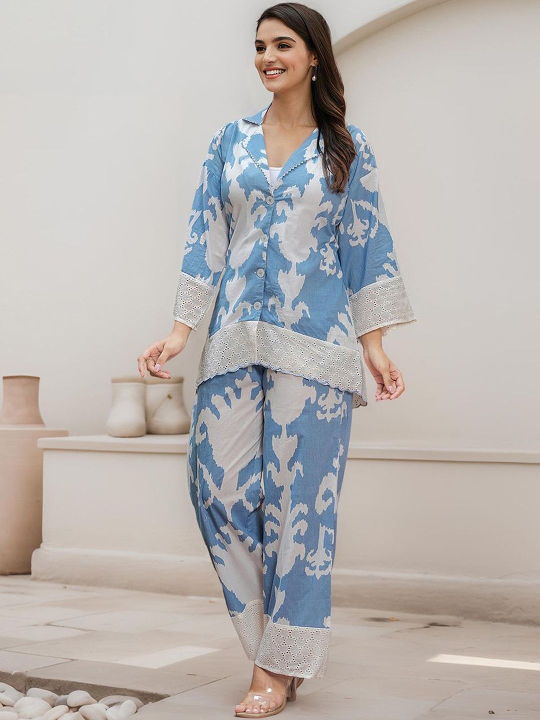 Comfy Cotton Blue Abstract Print Co-Ord Set With Lace Detailing