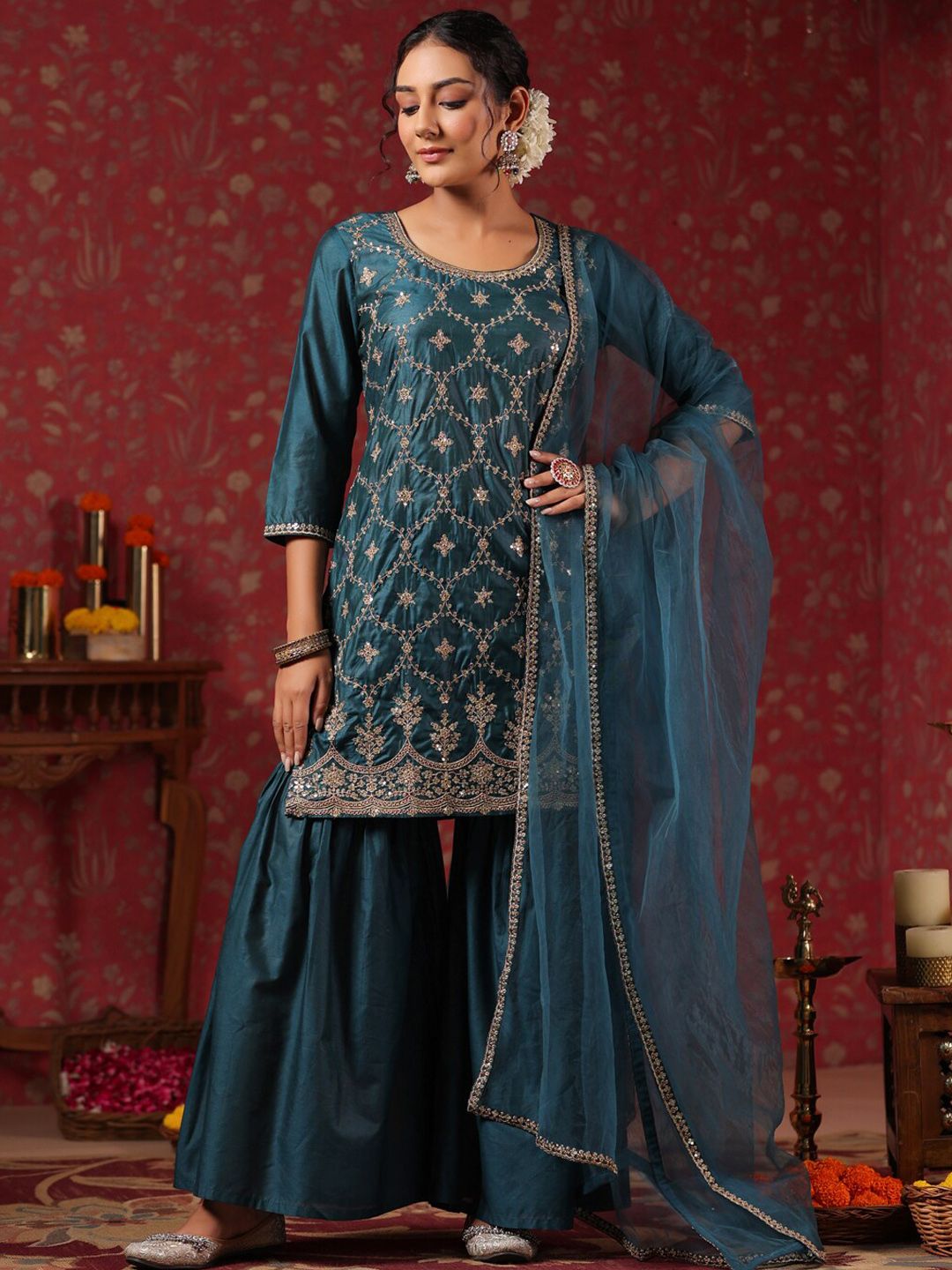Rich Poly Silk Teal Embroidered Kurta Set With Sharara Bottom And Sheer Voile Dupatta