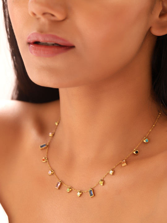 Ishin Multi  Colour Gold Plated Artificial Stones And Beads Chain