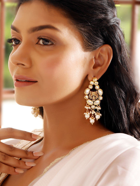 Ishin White Colour Gold plated Kundan with pearl Drop Earring