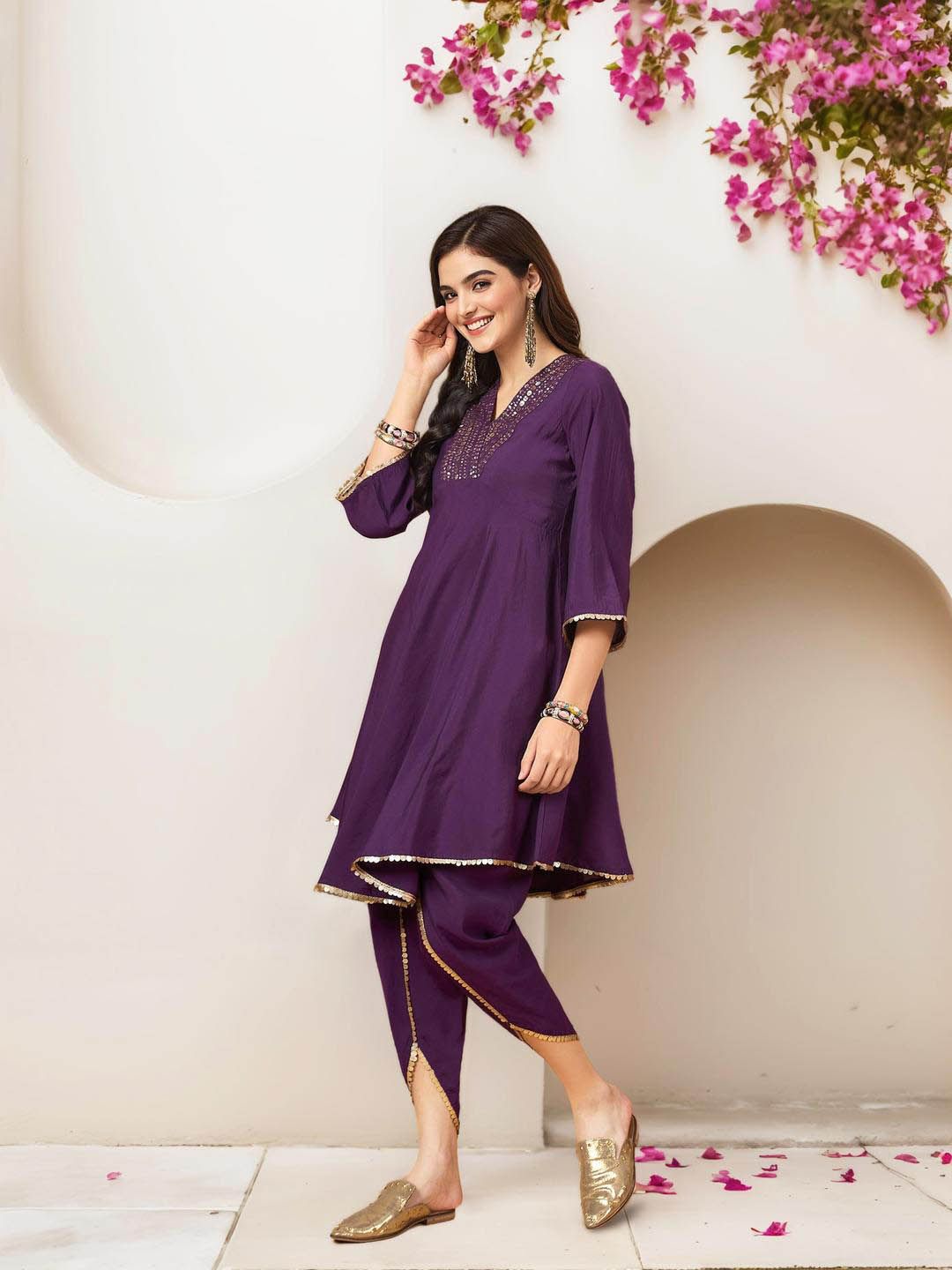 Soft Pure Cotton Lilac Solid A-Line Short Kurta With Dhoti Pants Soft Pure Cotton Lilac Solid A-Line Short Kurta With Dhoti Pants