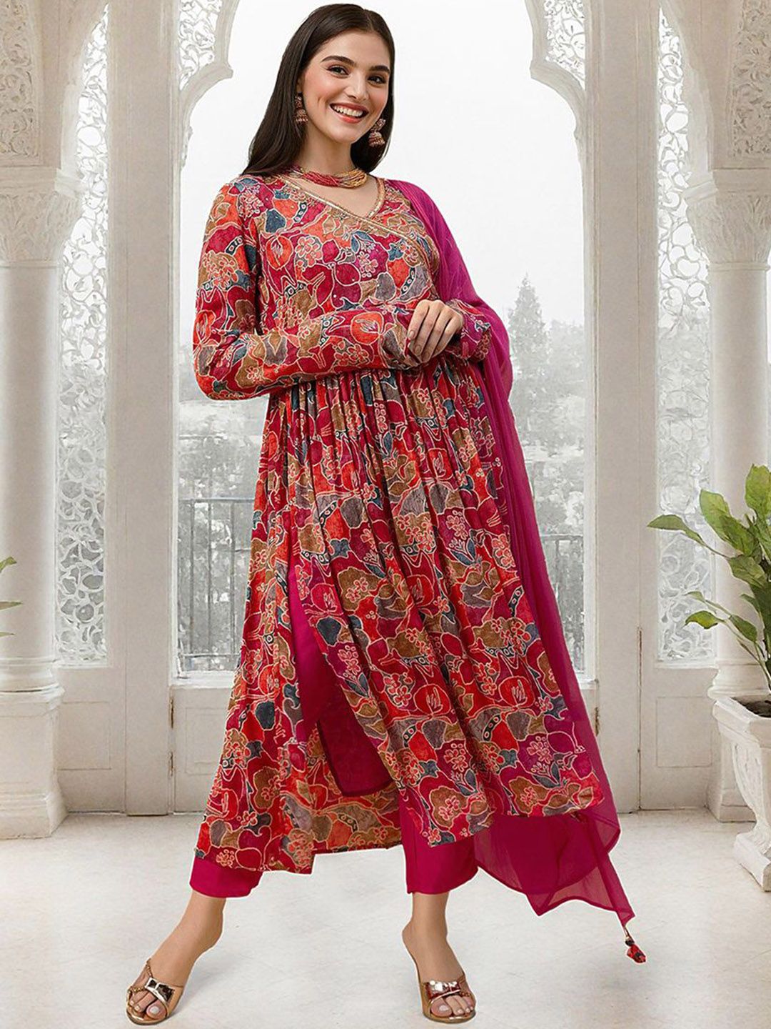 Soft Multi-Colored Chinon Sequinned Printed Angrakha Kurta Set With Straight Bottom & Solid Dupatta
