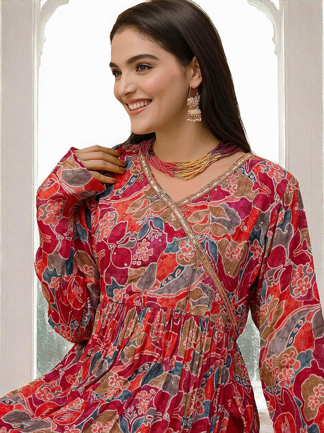 Soft Multi-Colored Chinon Sequinned Printed Angrakha Kurta Set With Straight Bottom & Solid Dupatta