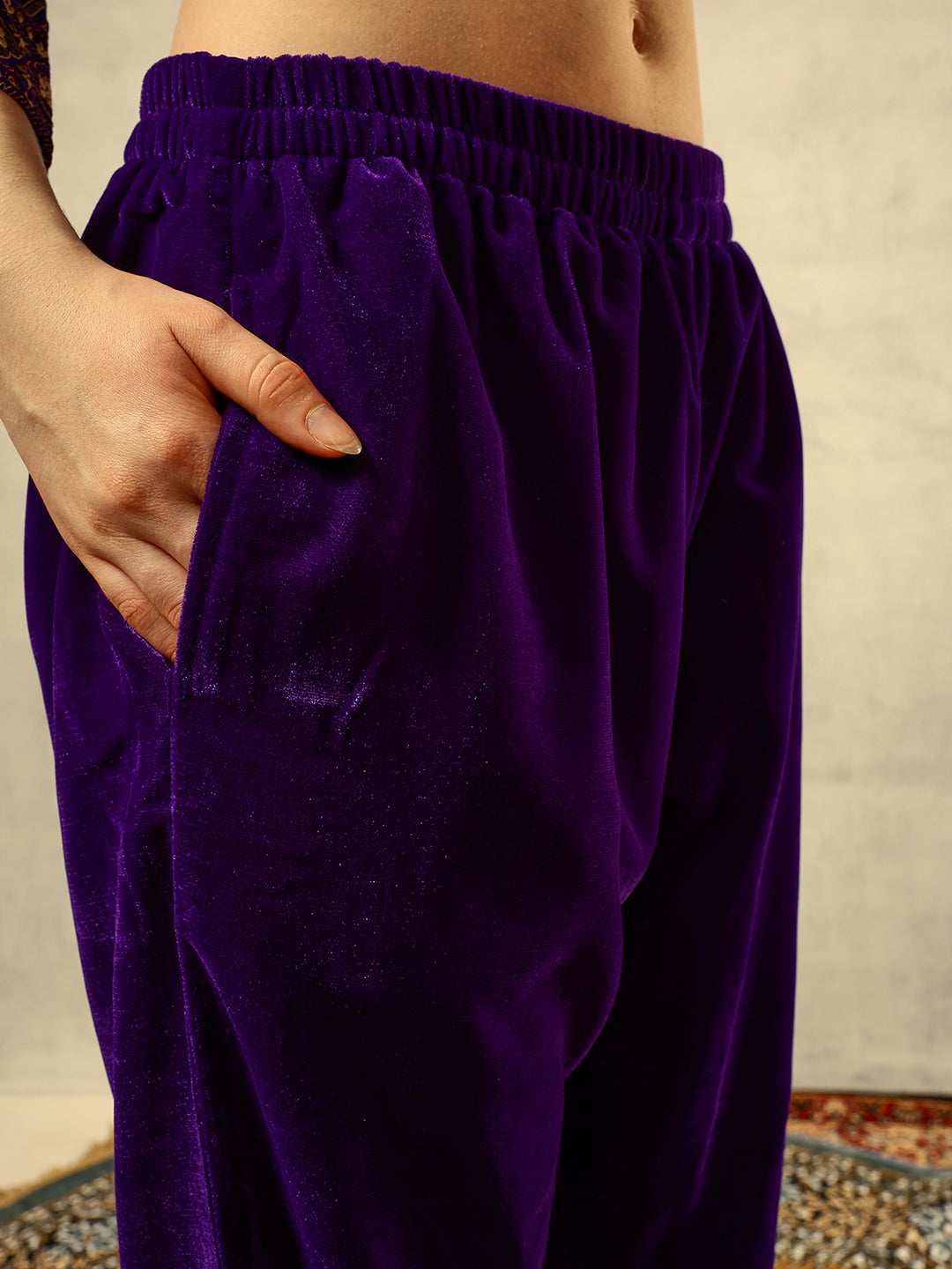 Ishin Purple Gold Printed Anarkali Festive Kurta with Trouser & Velvet Dupatta