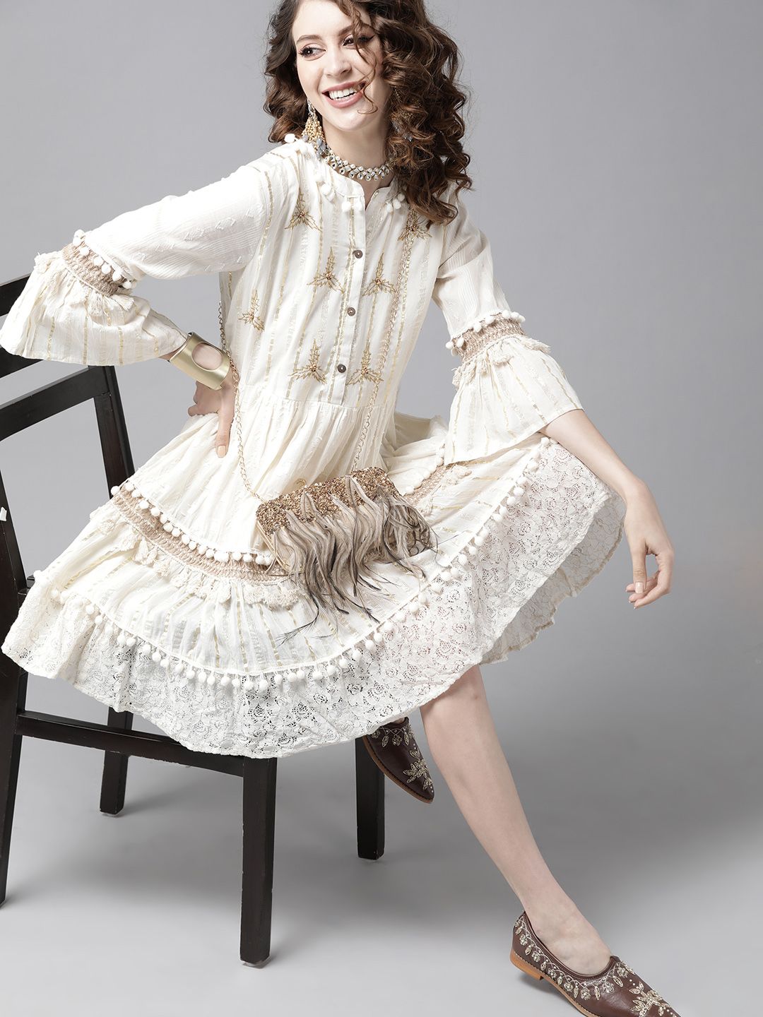 Comfy Off-White Cotton Embroidered Fit & Flare Dress With Bell Sleeves And Scalloped Hemline