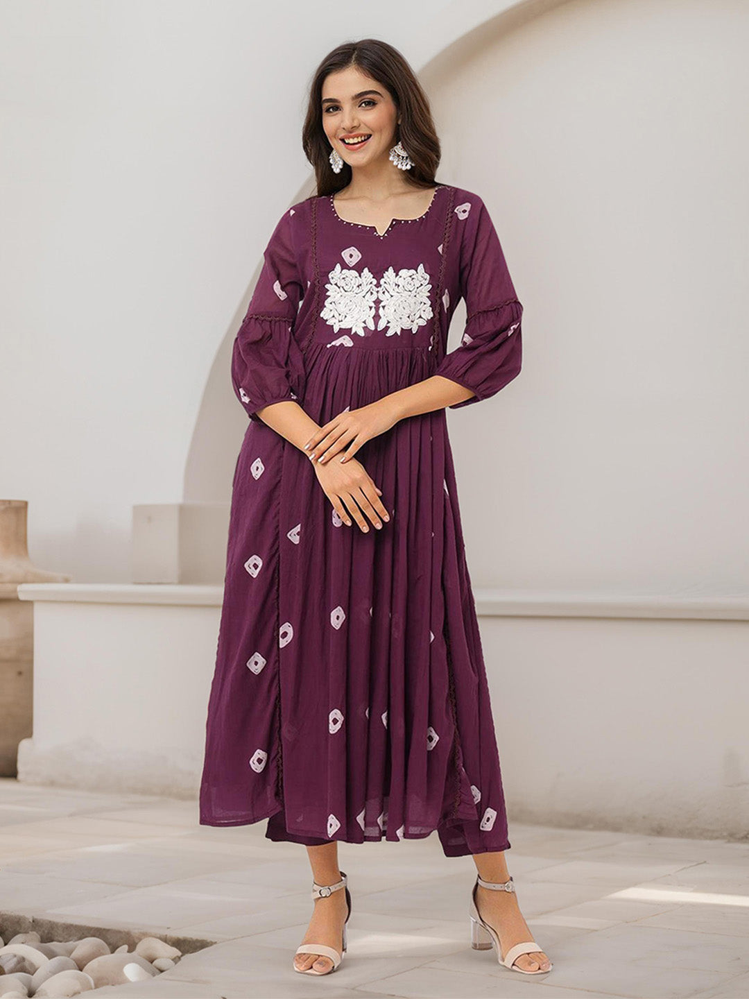 Comfy Burgundy Cotton Bandhani Printed A-line Fit  Kurta Set