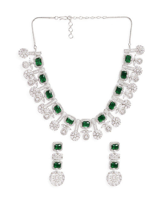 Ishin Green  Colour Silver Plated American Diamond Jewellery Set