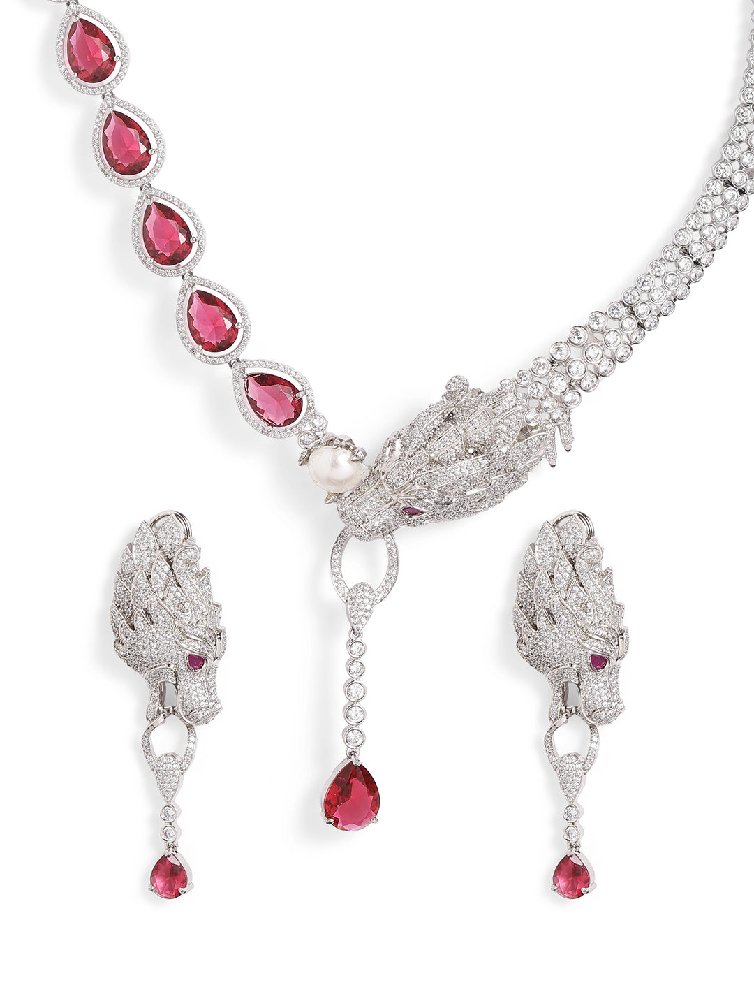 Red Colour Silver Plated AD Jewellery Set