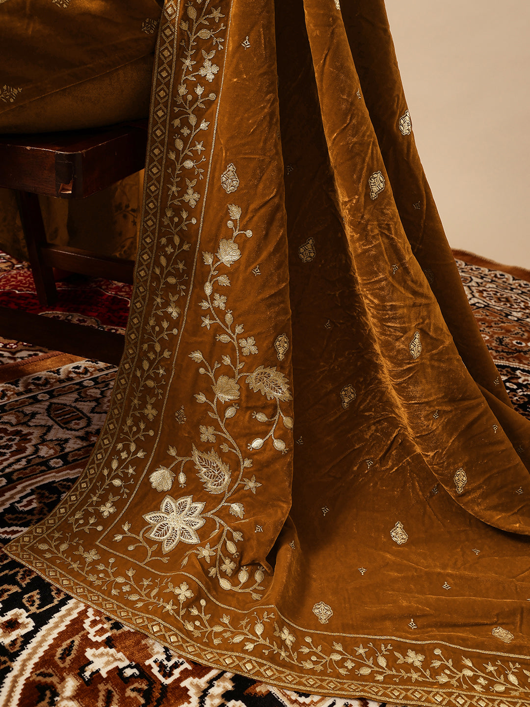 Rich Gold Velvet Gold Print Straight Kurta sets with dupatta