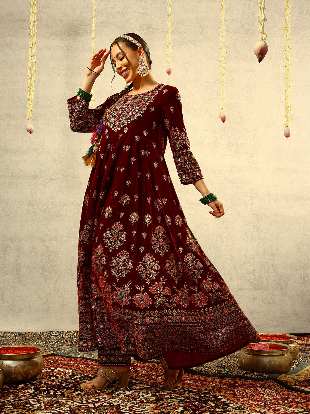 Ishin Maroon Gold Printed Anarkali Festive Kurta with Trouser & Velvet Dupatta