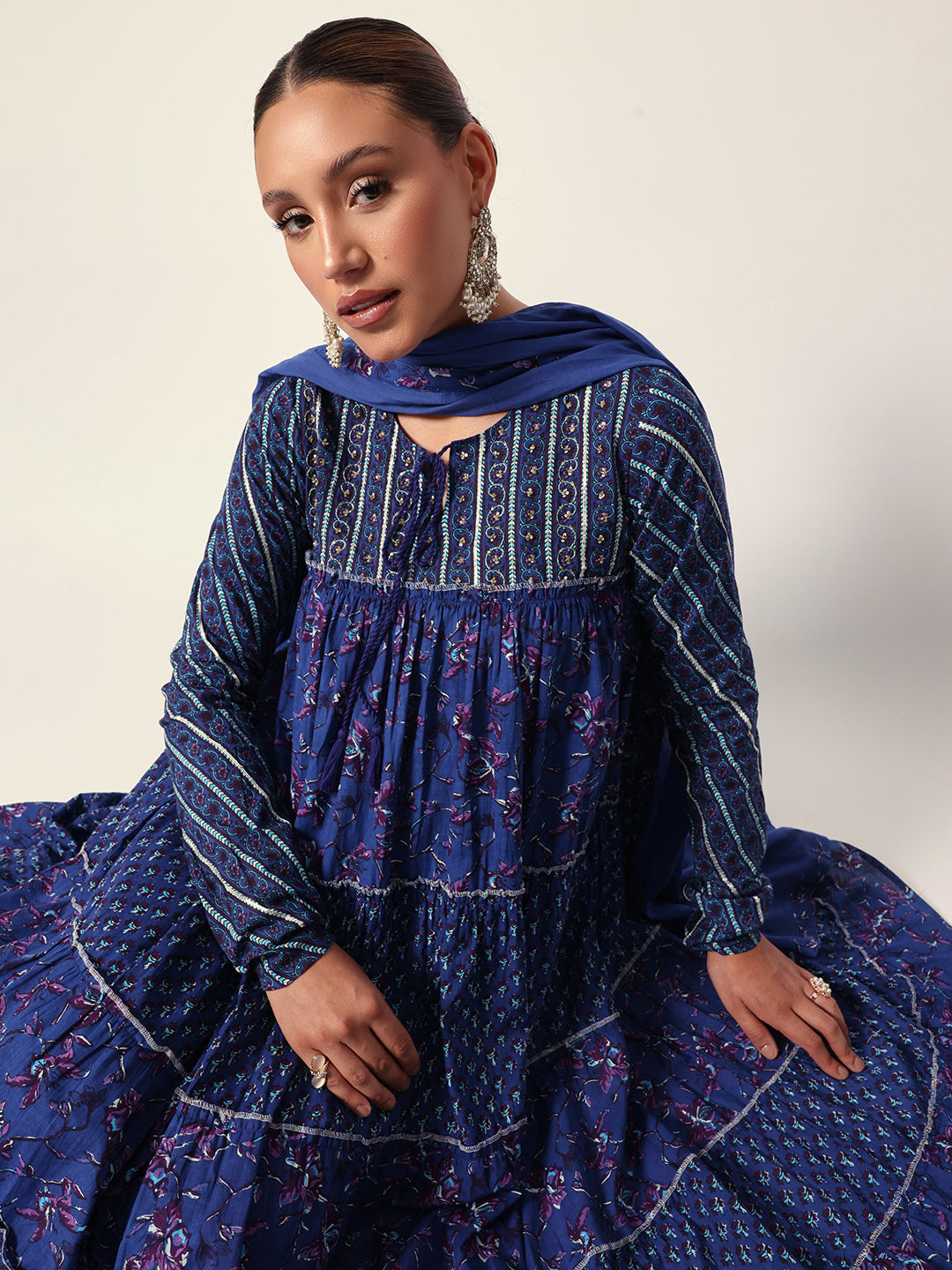 Graceful Blue Cotton floral printed tiered fit kurta set with dupatta