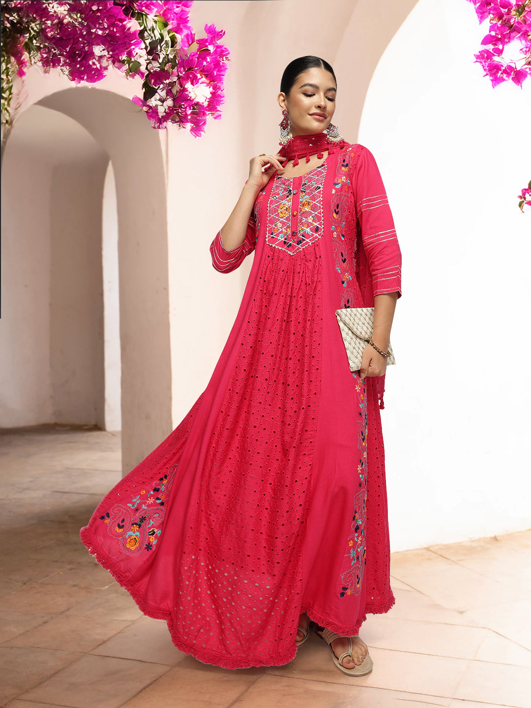 Graceful Pink  Rayon Schiffli Embroidered A-line Kurta Set with dupatta