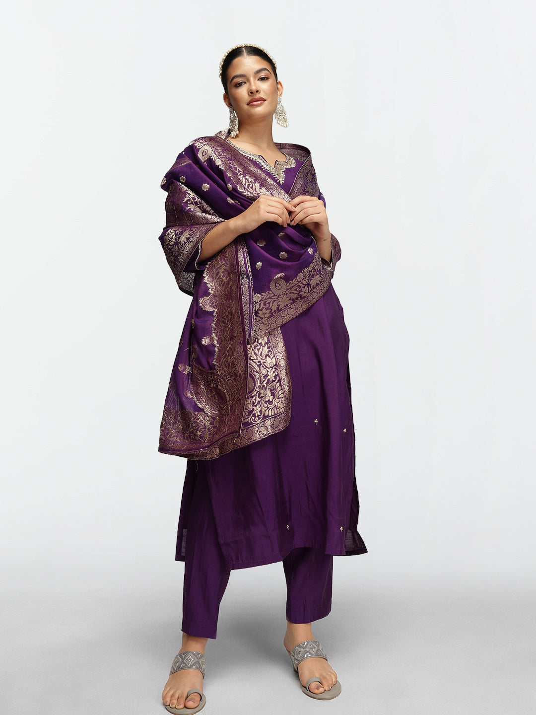 Rich Purple Poly Silk Zari Embroidered Straight Fit Kurta Set with Brocade Dupatta