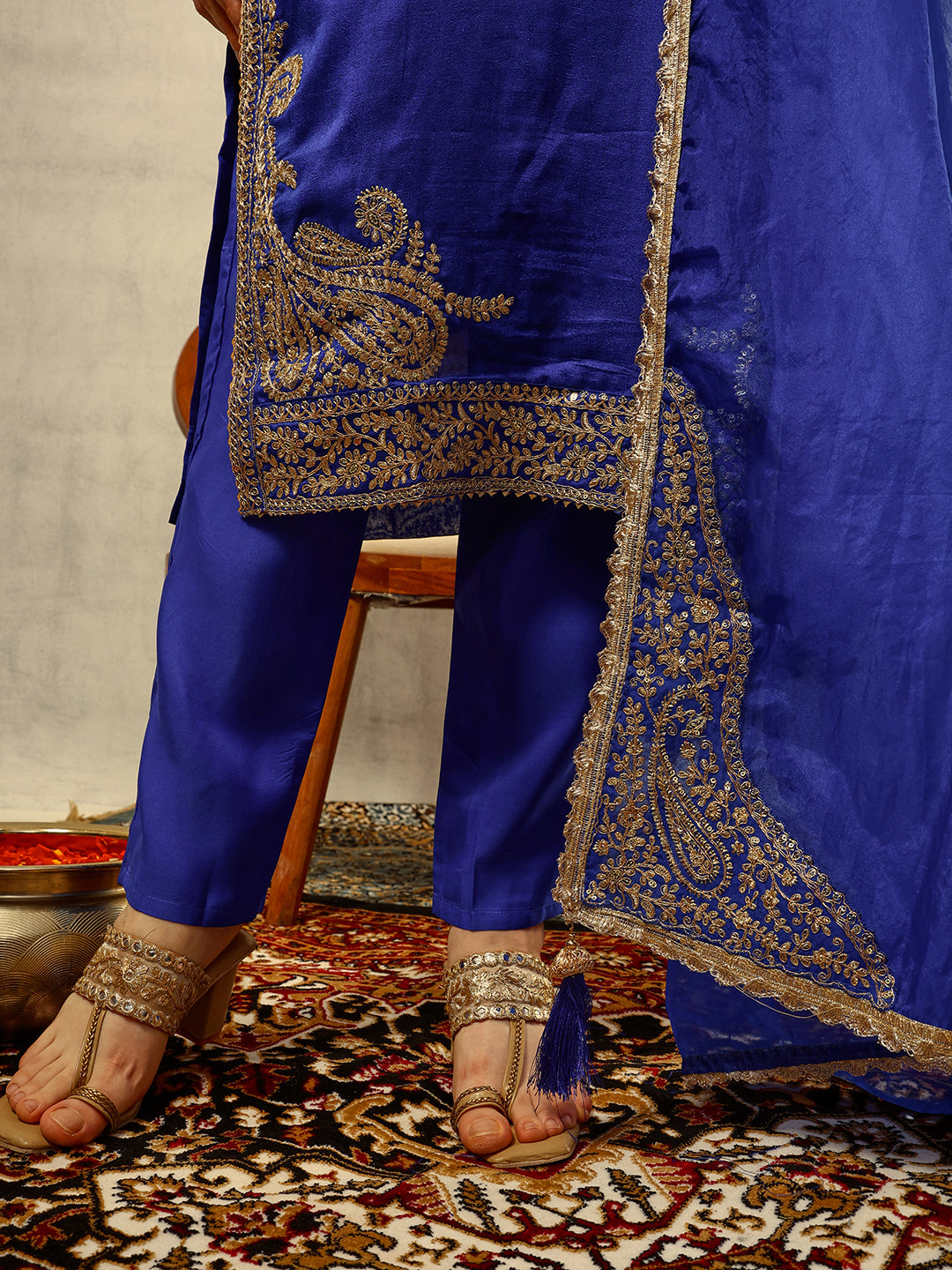 Ishin Royal Blue Cording & Zari Embroidered  Festive Kurta with Trouser & Organza Dupatta