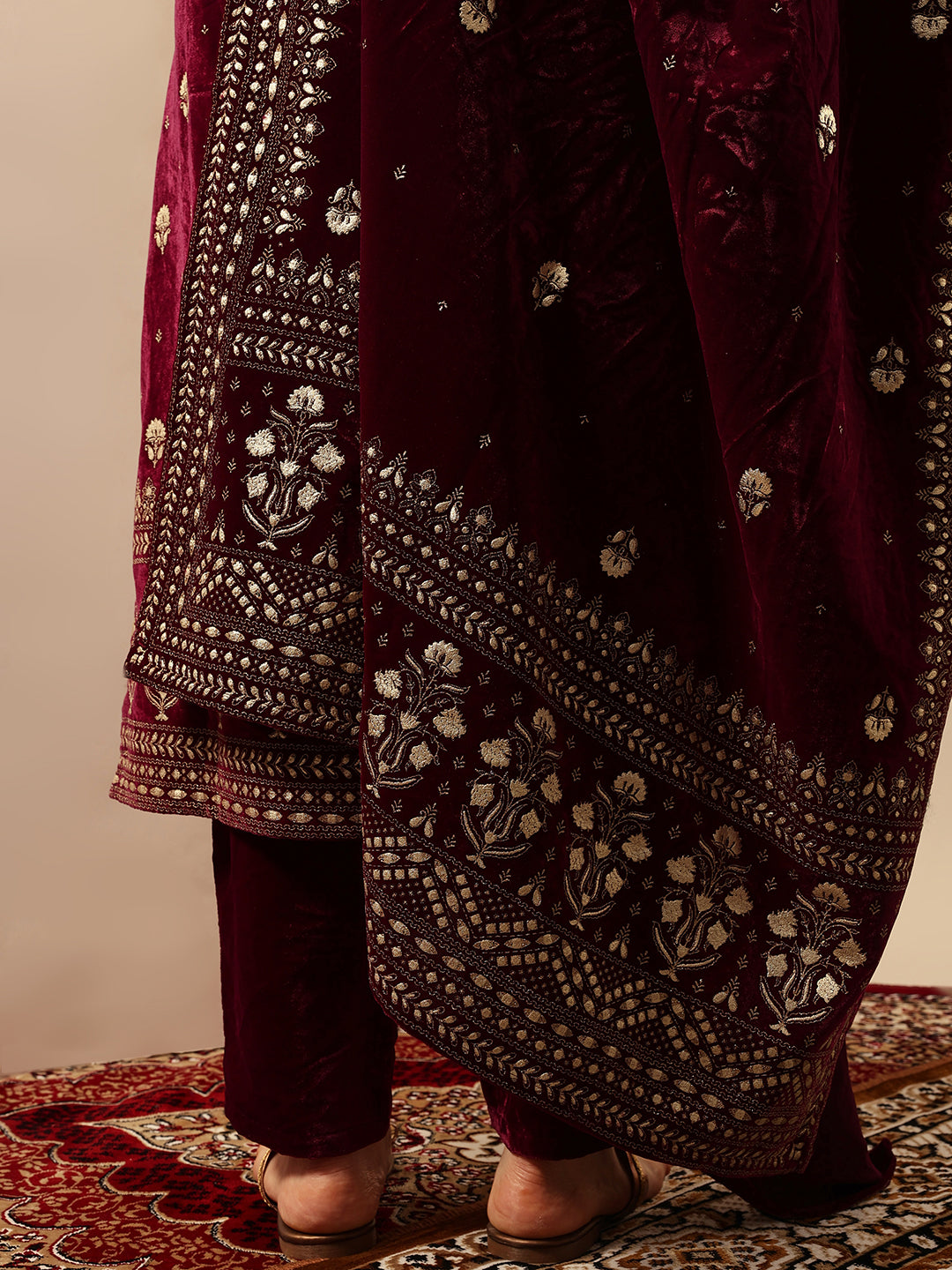 Rich Wine Velvet Gold Print Straight Kurta sets with dupatta