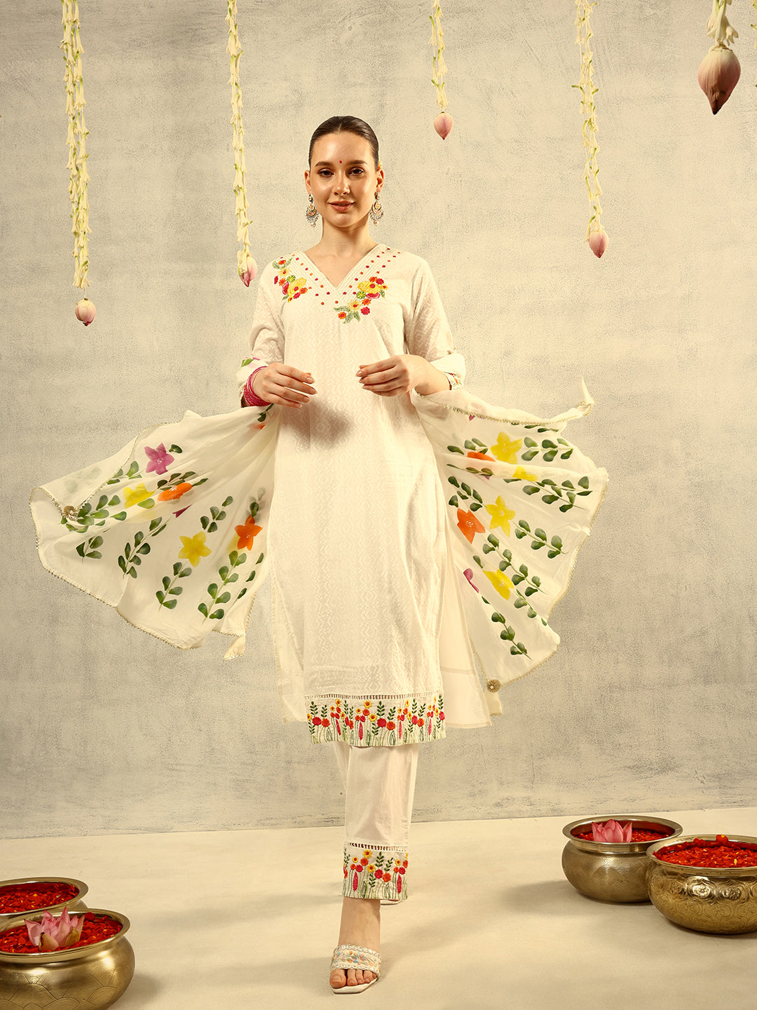 Off White Multi Coloured Thread Embroidered Kurta with Trouser and Hand Painted Dupatta