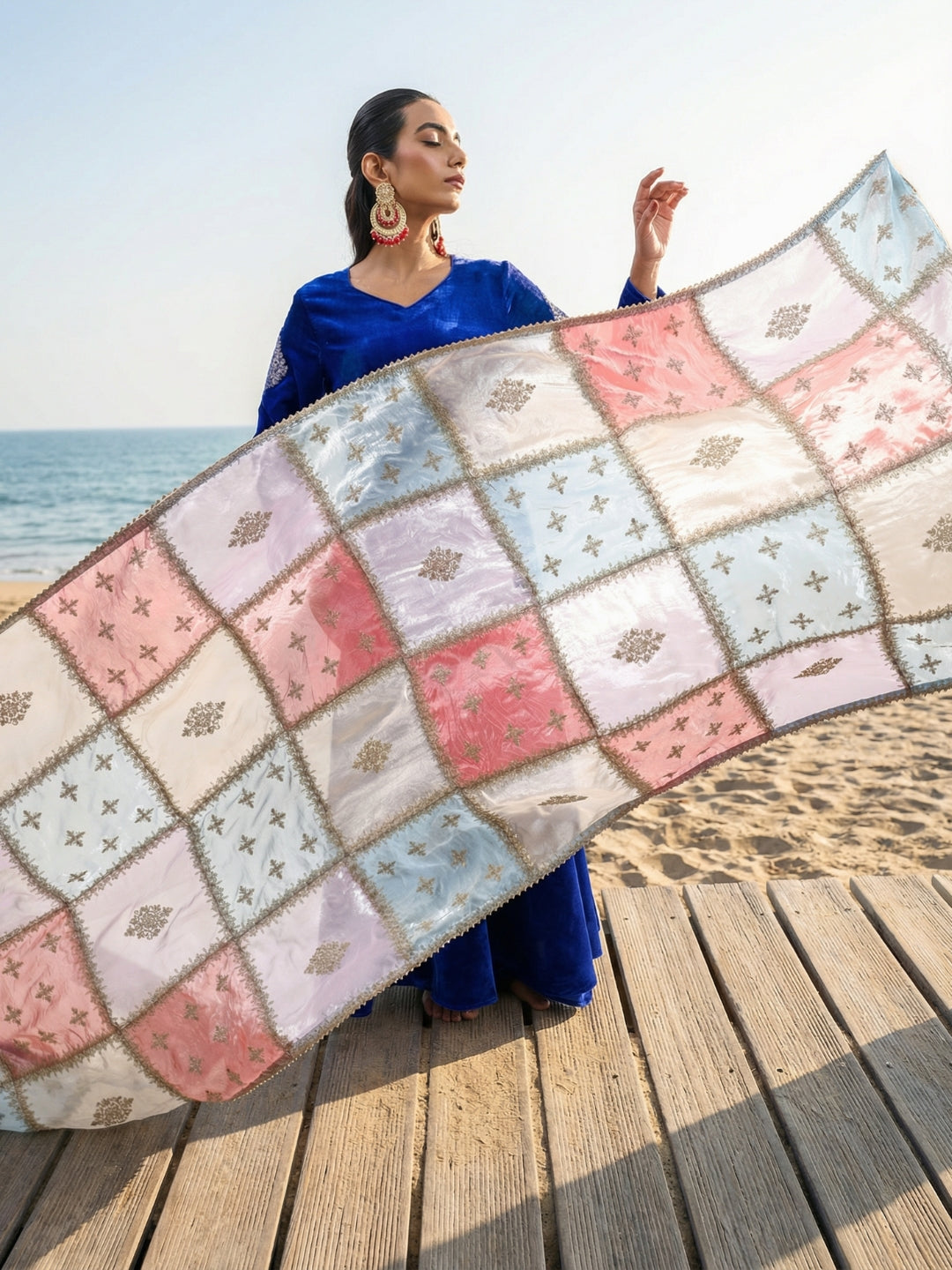 Rich Blue Organza Patchwork Embroidered Anarkali Kurta Set