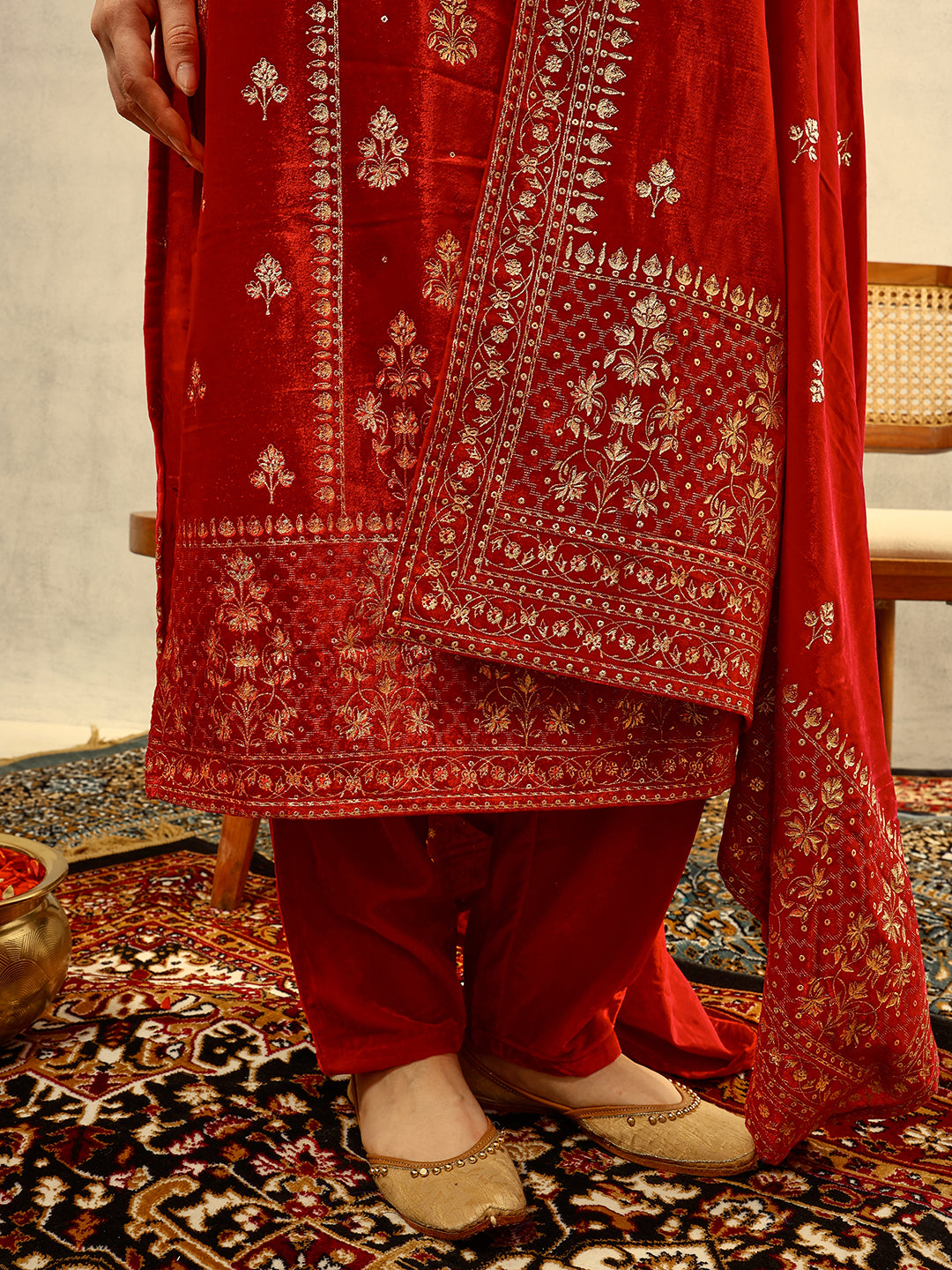 Ishin Pink Gold Print Festive Kurta with Trouser & Velvet Dupatta