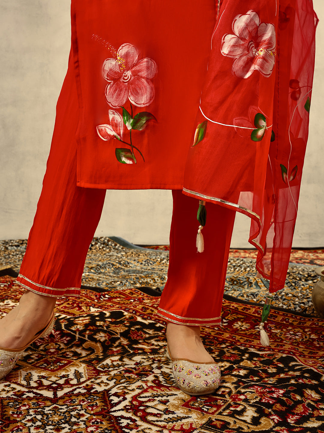 Red Floral Hand Painted Kurta with Trouser and Dupatta