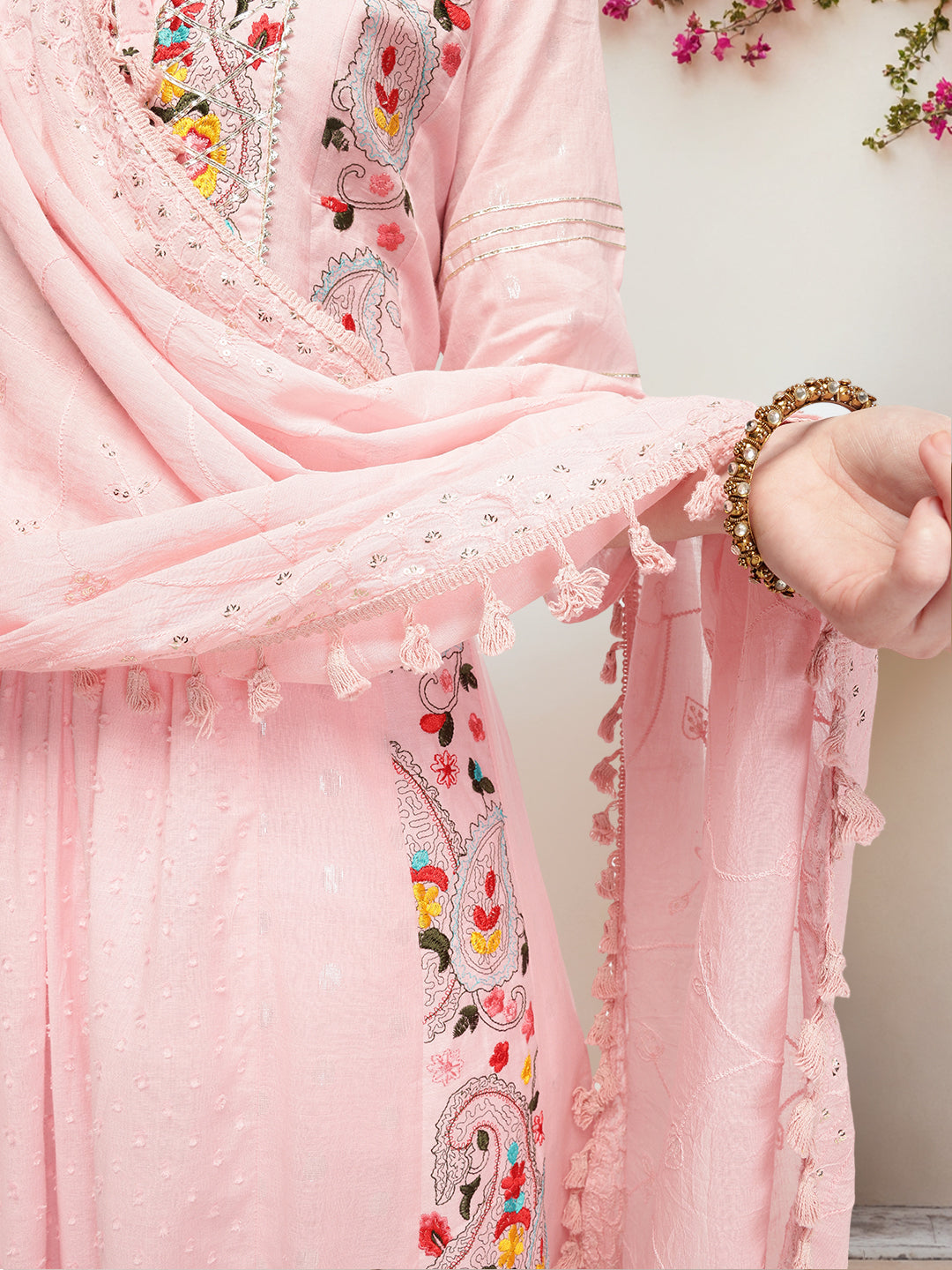 Graceful Pink  Cotton Dobby Embroidered A-line Kurta Set  with tasseled dupatta