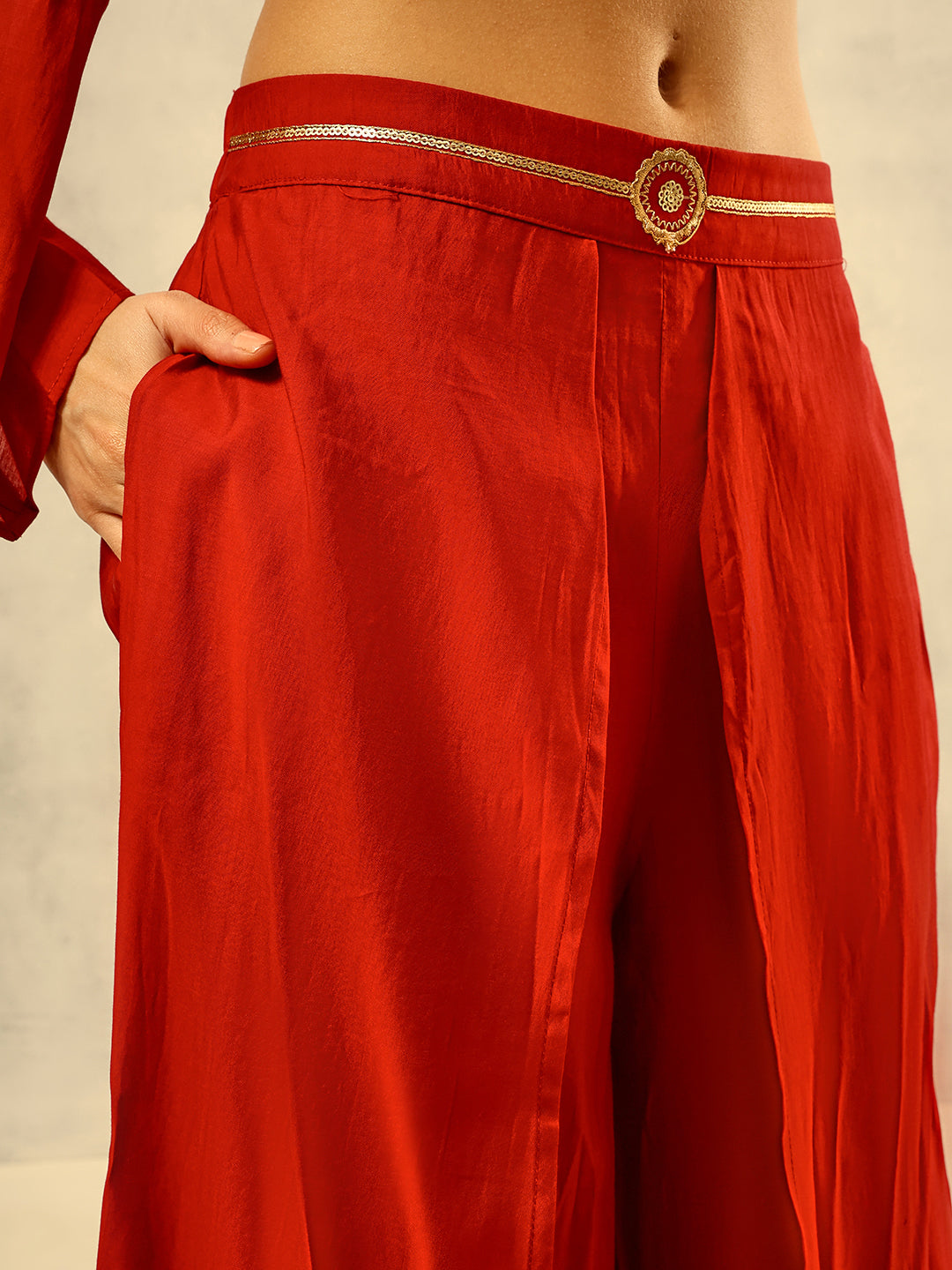 Maroon Zari Embroidered  Festive Tie Up CropTop with Layered Palazzo