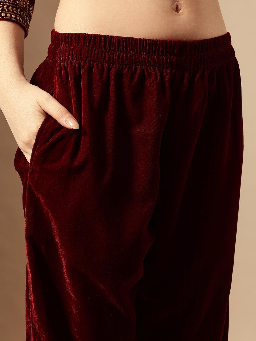 Rich Maroon Velvet Gold Print Straight Kurta sets with dupatta