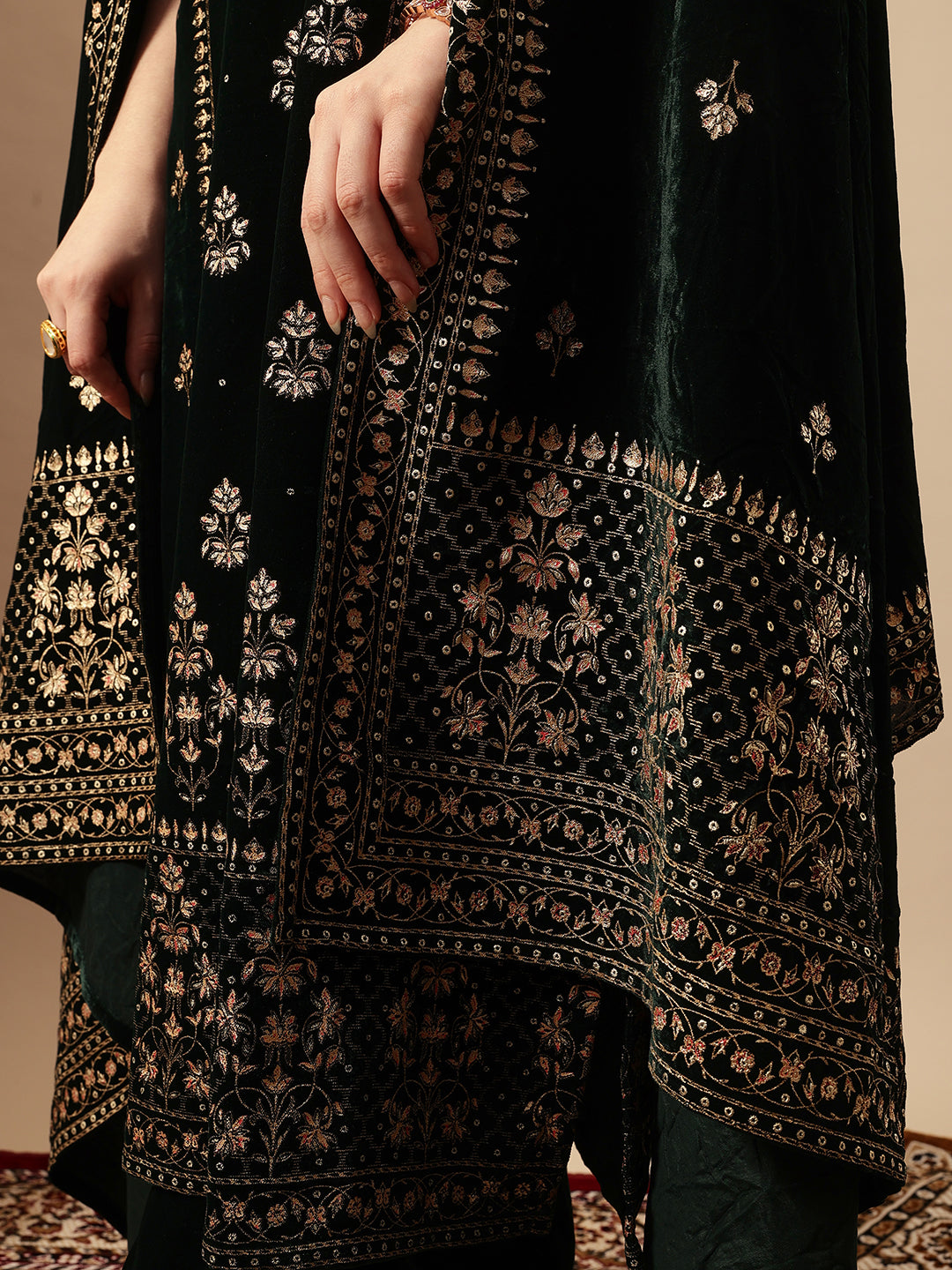 Rich Green Velvet Gold Print Straight Kurta sets with dupatta
