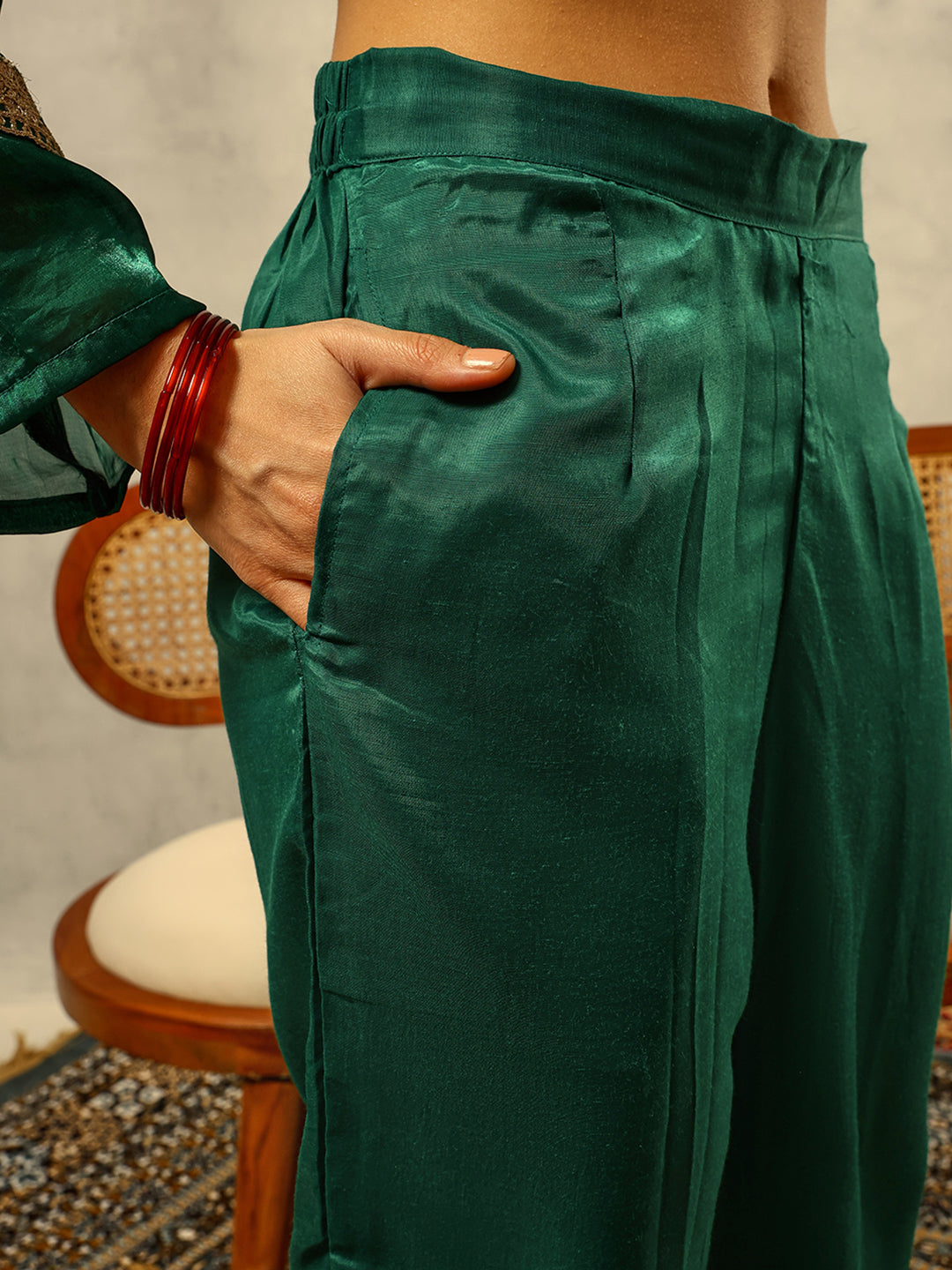 Green Cording & Zari Embroidered  Festive Kurta with Trouser & Embellished Organza Dupatta