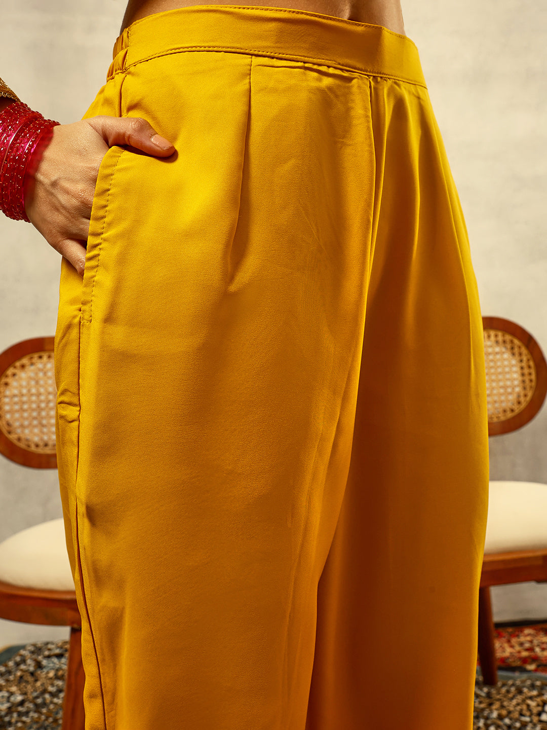 Mustard Cording & Zari Embroidered Festive Kurta with Trouser & full width Organza Dupatta