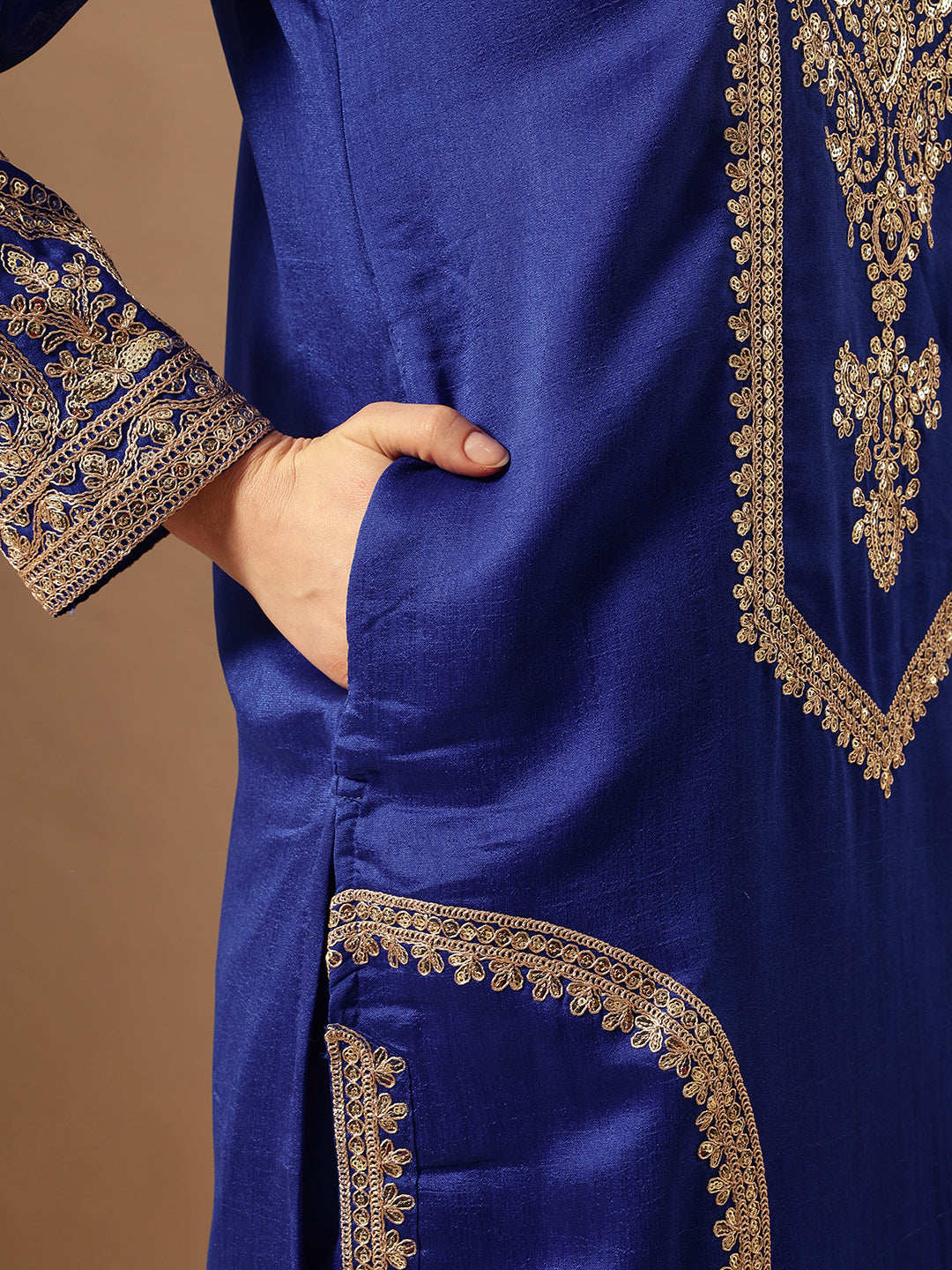 Rich Royal Blue Embroidered Kurta set with organza dupatta