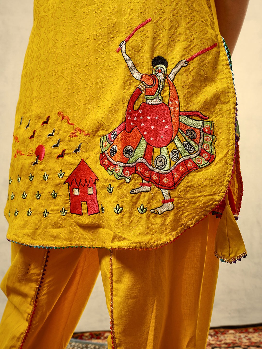 Yellow Bohemian Thread Embroidered Kurta with Dhoti Pants
