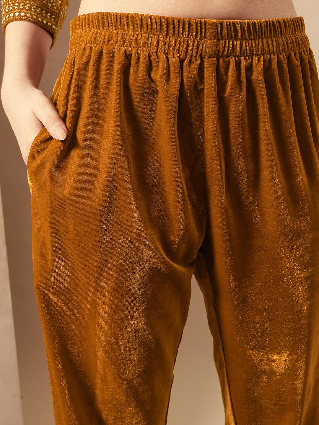 Rich Gold Velvet Gold Print Straight Kurta sets with dupatta