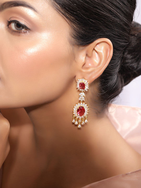 Ishin Red Colour Gold Plated American Diamond Drop Earring