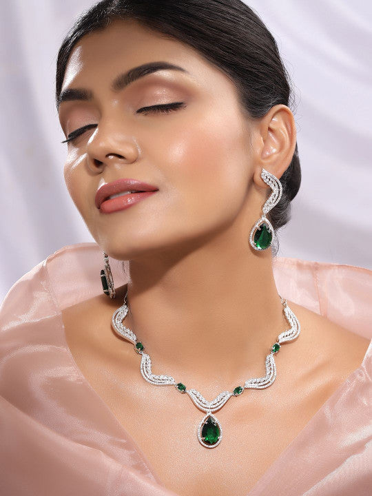 Ishin Green  Colour Silver Plated American Diamond Jewellery Set