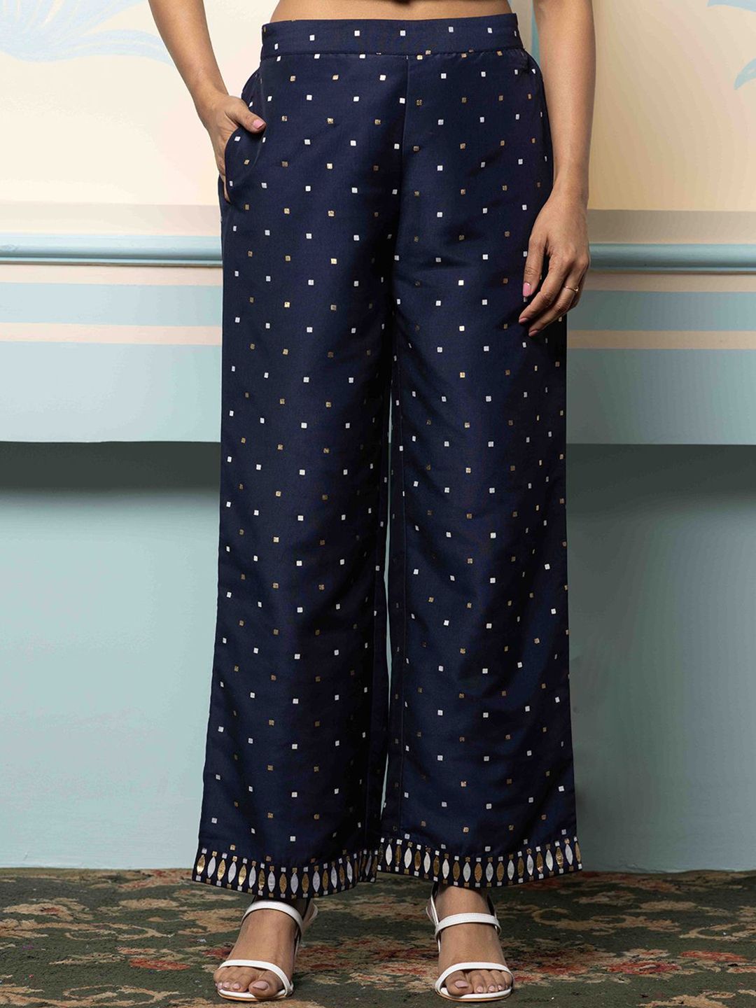 Rich Navy Blue Polyester Polka Dot Printed Kaftan Kurta Set With Straight Bottom