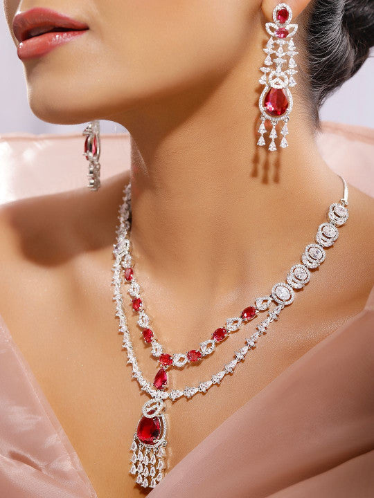 Ishin Red  Colour Silver Plated American Diamond Jewellery Set