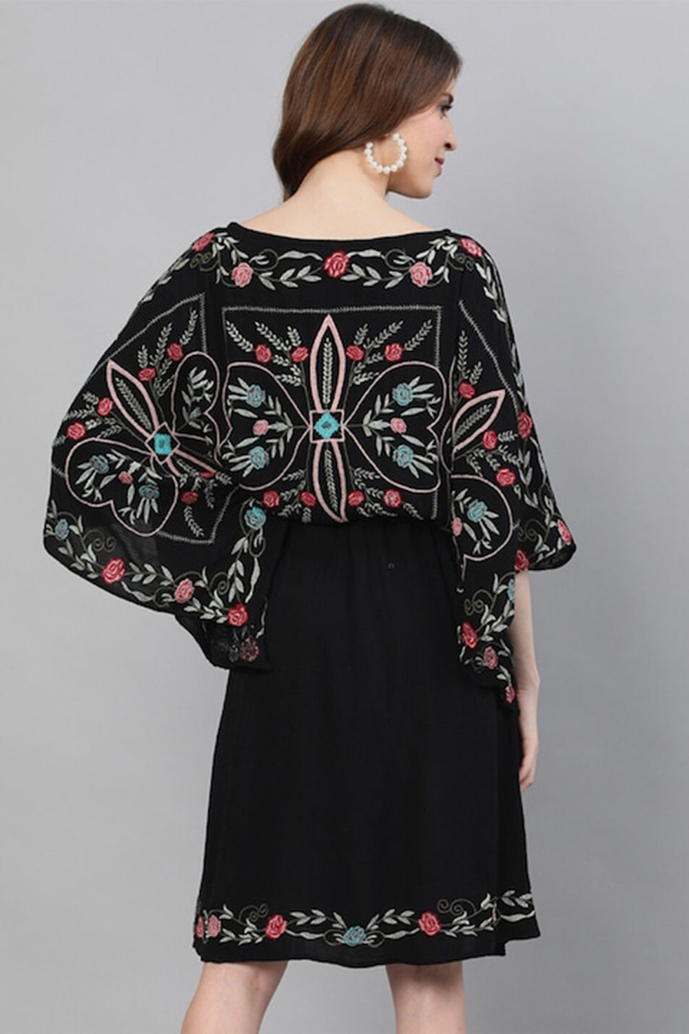 Ishin Black Ethnic Motifs Embroidered Kaftan Dress