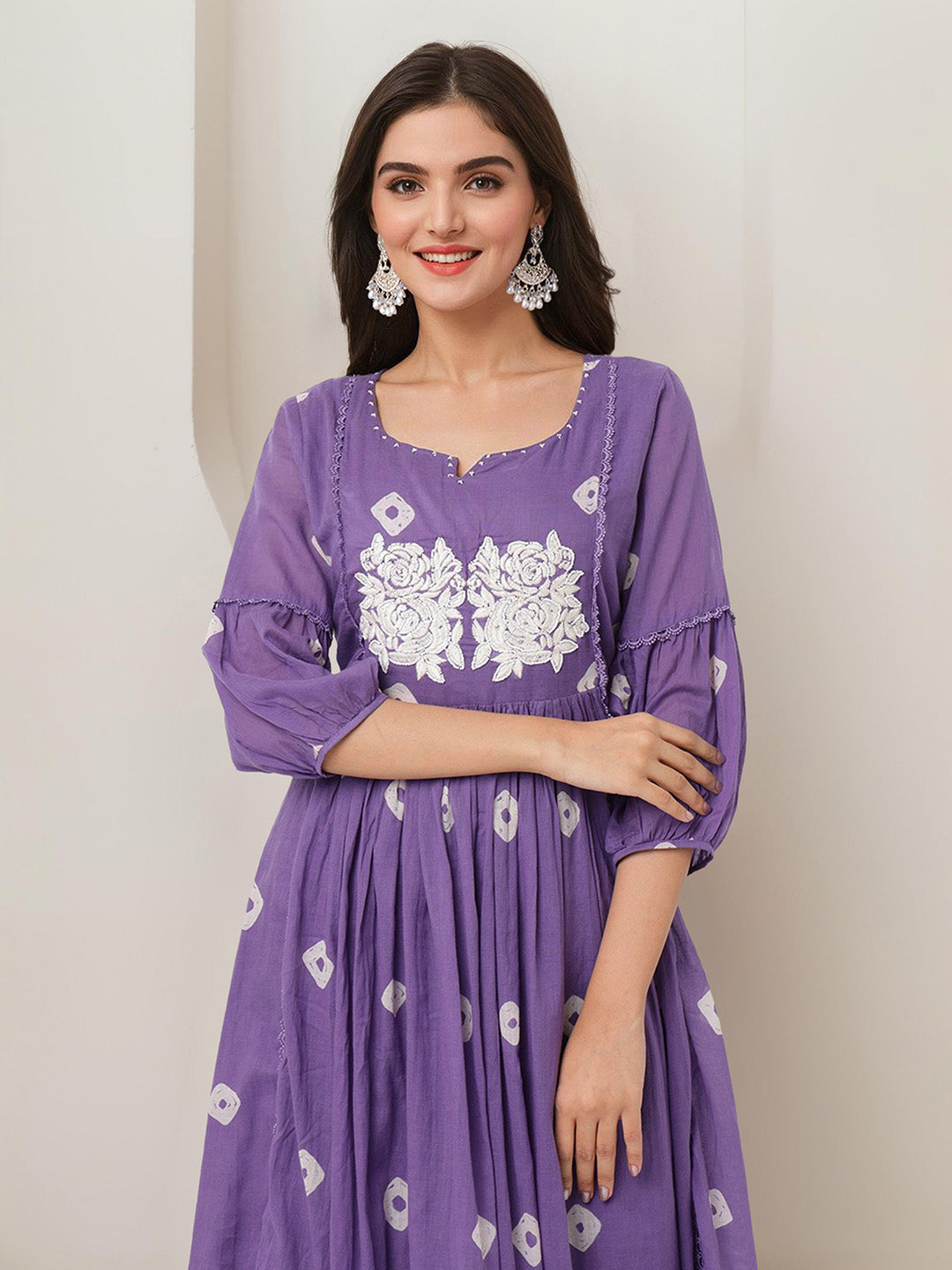 Comfy Purple Cotton Bandhani Printed A-line Fit  Kurta Set