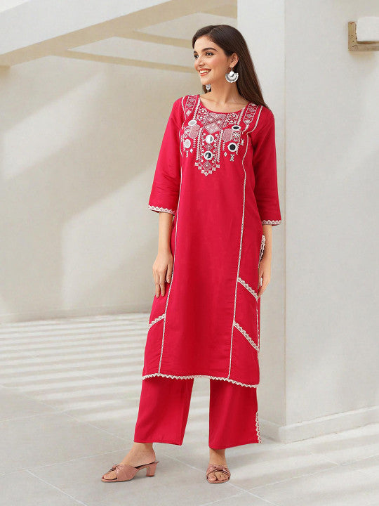 Ishin Women Pink Roman Silk 2Pcs Kurta Set
