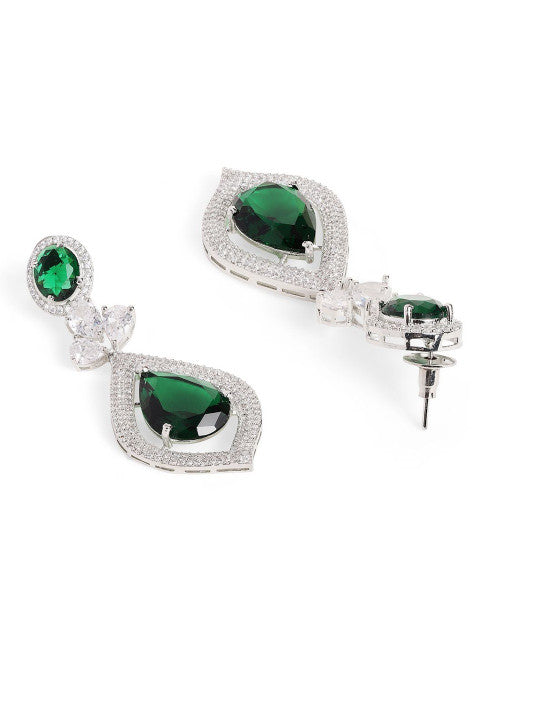 Ishin Green Colour Silver Plated American Diamond Drop Earring