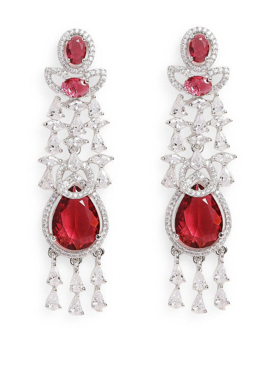 Ishin Red Colour Silver Plated American Diamond Drop Earring