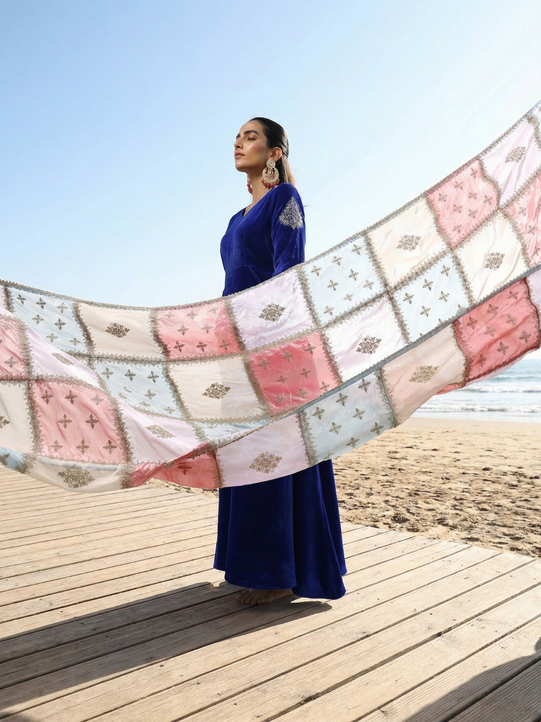 Rich Blue Organza Patchwork Embroidered Anarkali Kurta Set