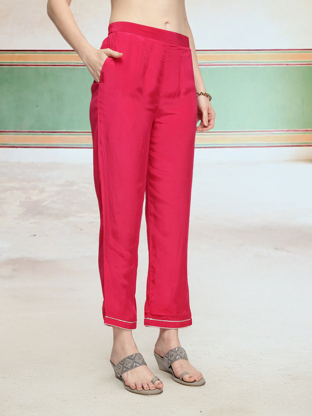 Graceful Pink Chinon Zari Embroidered Straight Fit  Kurta Set with scallop detailed dupatta