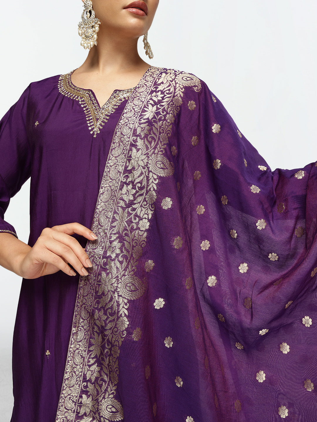 Rich Purple Poly Silk Zari Embroidered Straight Fit Kurta Set with Brocade Dupatta